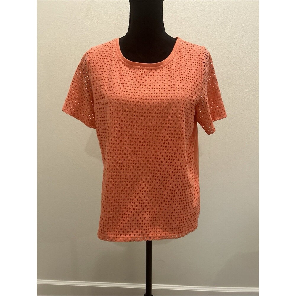 Allison Daley Womens Petite Sz PM Top Peach Layered Mesh Short Sleeve